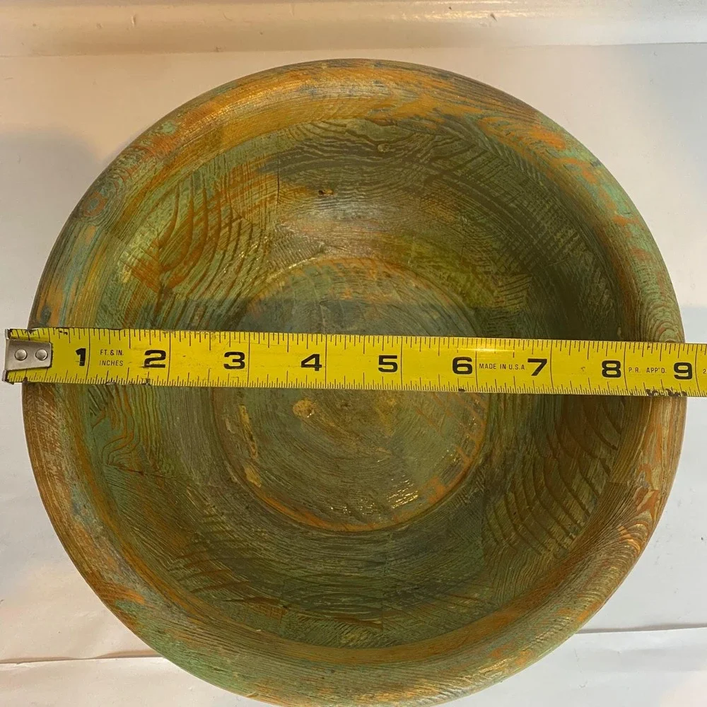 Vintage Handcrafted Rustic‎ Wood Bowl Green Brown Distressed Farmhouse Boho